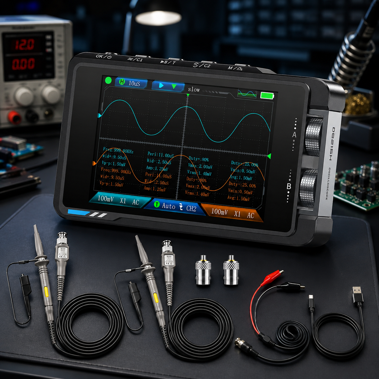 FNIRSI DS215H Oszilloskop-Set – 2-Kanal Mini-Oszilloskop mit DDS-Signalgenerator