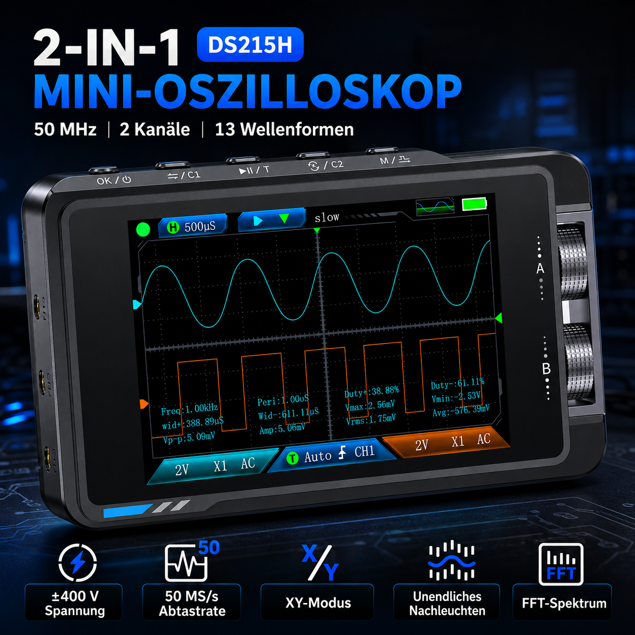 FNIRSI DS215H Oszilloskop-Set – 2-Kanal Mini-Oszilloskop mit DDS-Signalgenerator