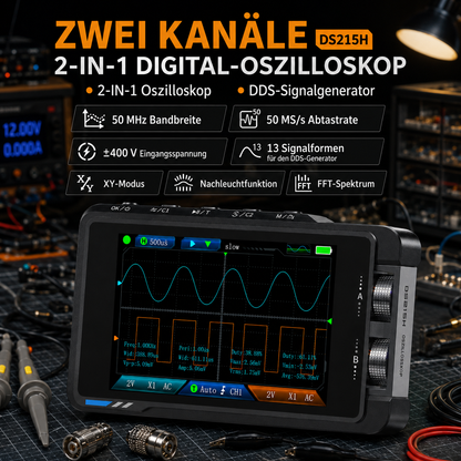 FNIRSI DS215H Oszilloskop-Set – 2-Kanal Mini-Oszilloskop mit DDS-Signalgenerator